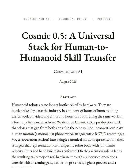 Title and opening abstract of the Cosmic 0.5 technical report.