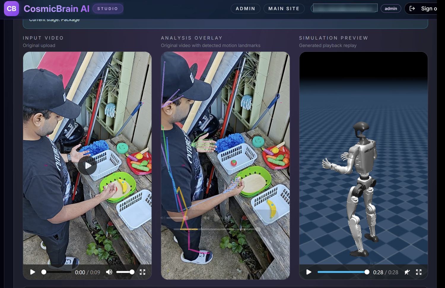 Cosmicbrain Studio showing three panels: original phone video of a man sorting produce into baskets, the same video with 2D pose and hand landmarks overlaid, and a simulated humanoid replaying the motion.