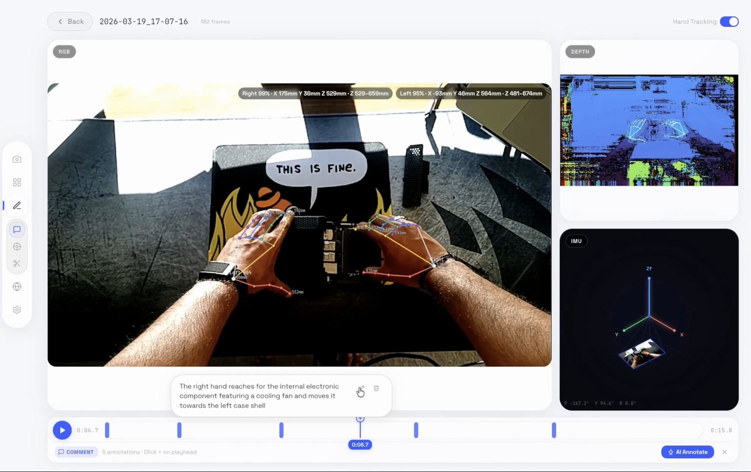 Egocentric capture viewer showing an RGB frame of two hands assembling a computer, with 21-landmark hand skeletons and millimetre depth readouts, plus depth-map and IMU orientation panels and an annotated timeline.