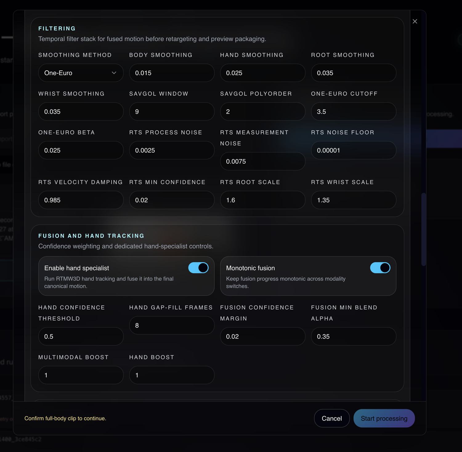 The Cosmicbrain Studio filtering panel, showing One-Euro smoothing parameters, Savitzky-Golay window settings, RTS smoother noise terms, and fusion and hand-tracking controls.
