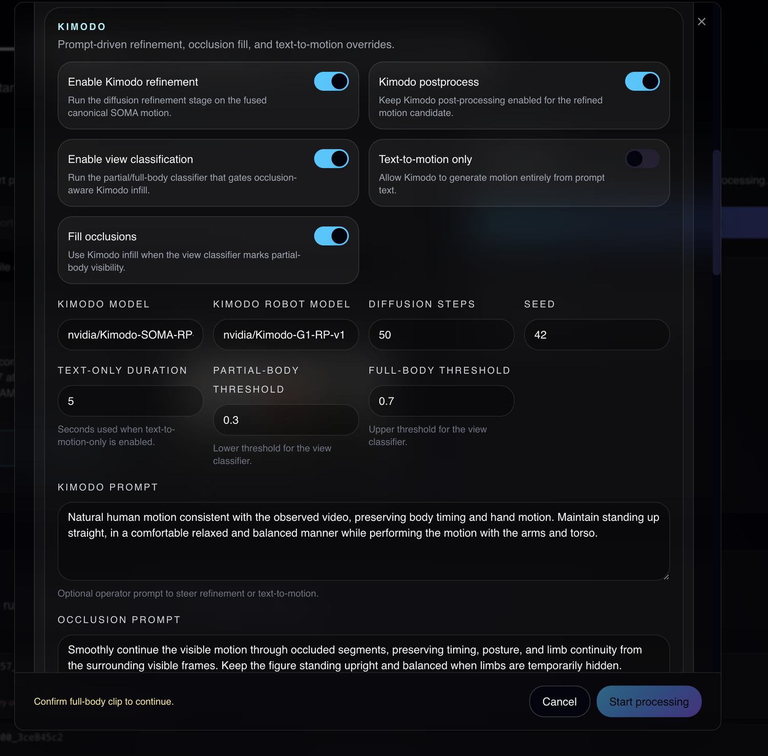 Refinement panel showing diffusion refinement and occlusion-fill toggles, view classification thresholds, model selectors, diffusion step count, seed, and the natural-language refinement and occlusion prompts.