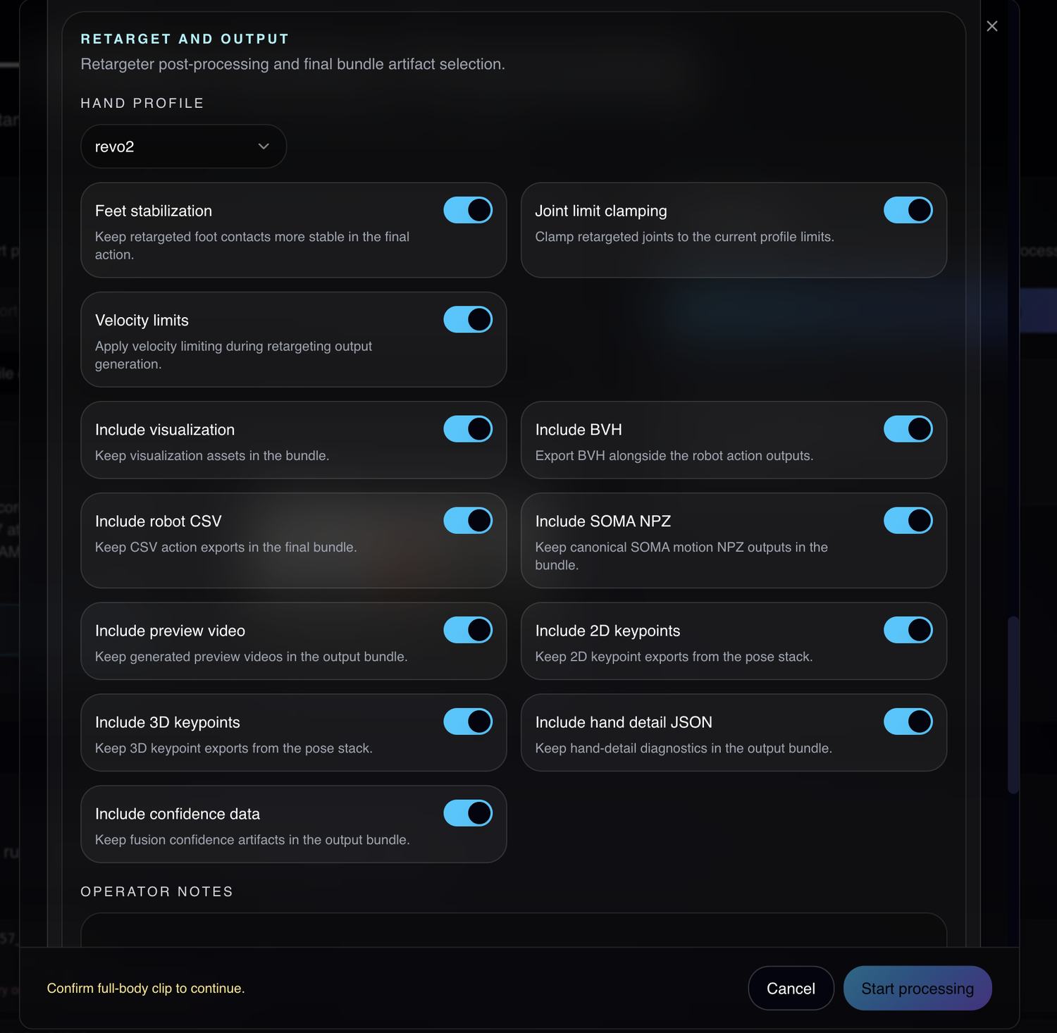 Retarget and output panel showing hand profile selection, feet stabilization, joint limit clamping and velocity limit toggles, and the list of bundle artifacts including BVH, robot CSV, SOMA NPZ, keypoints, hand detail and confidence data.