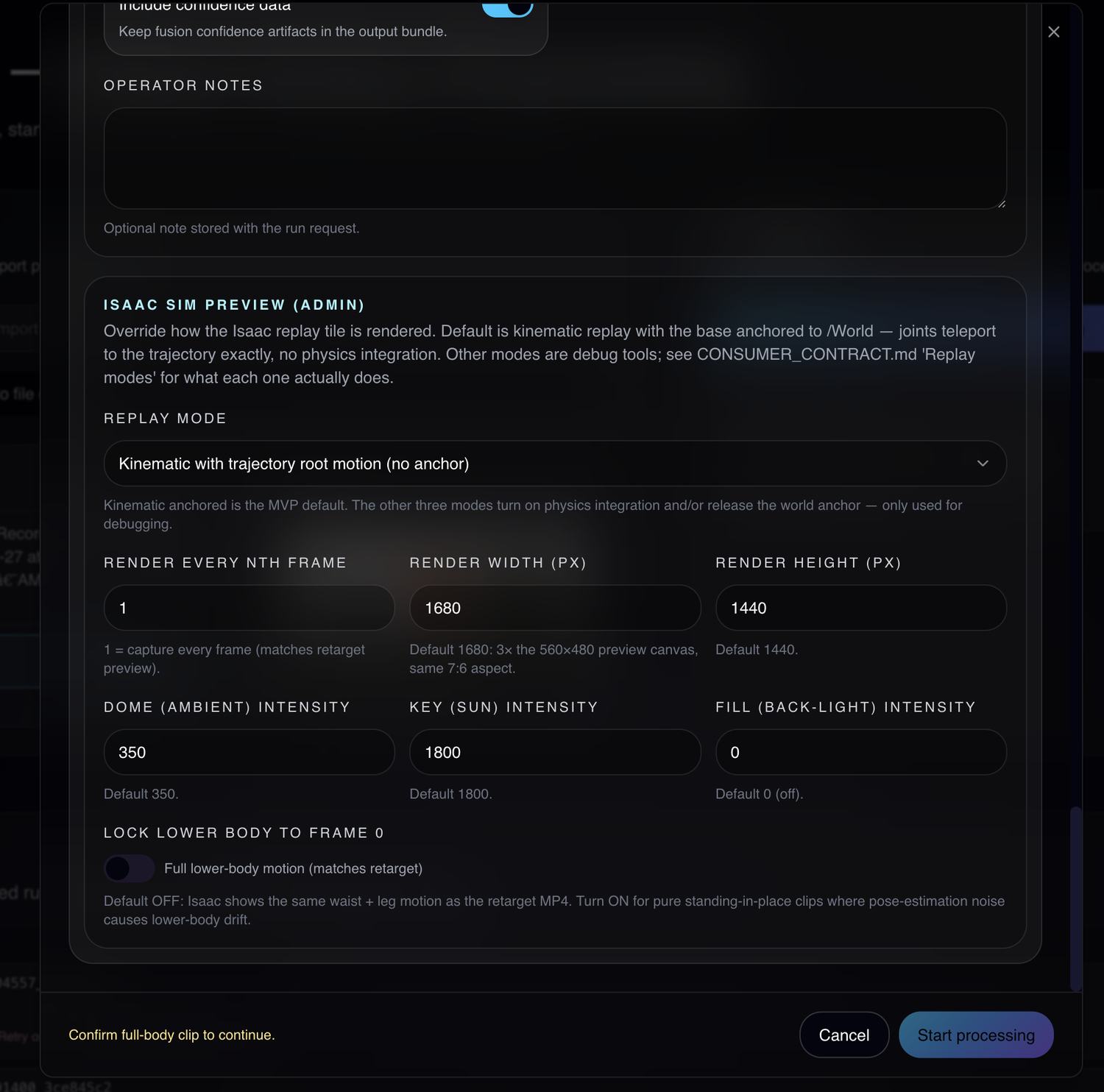 Simulation preview settings panel showing replay mode selection, render resolution and lighting controls, and a lock-lower-body toggle with an explanation of when to use it.