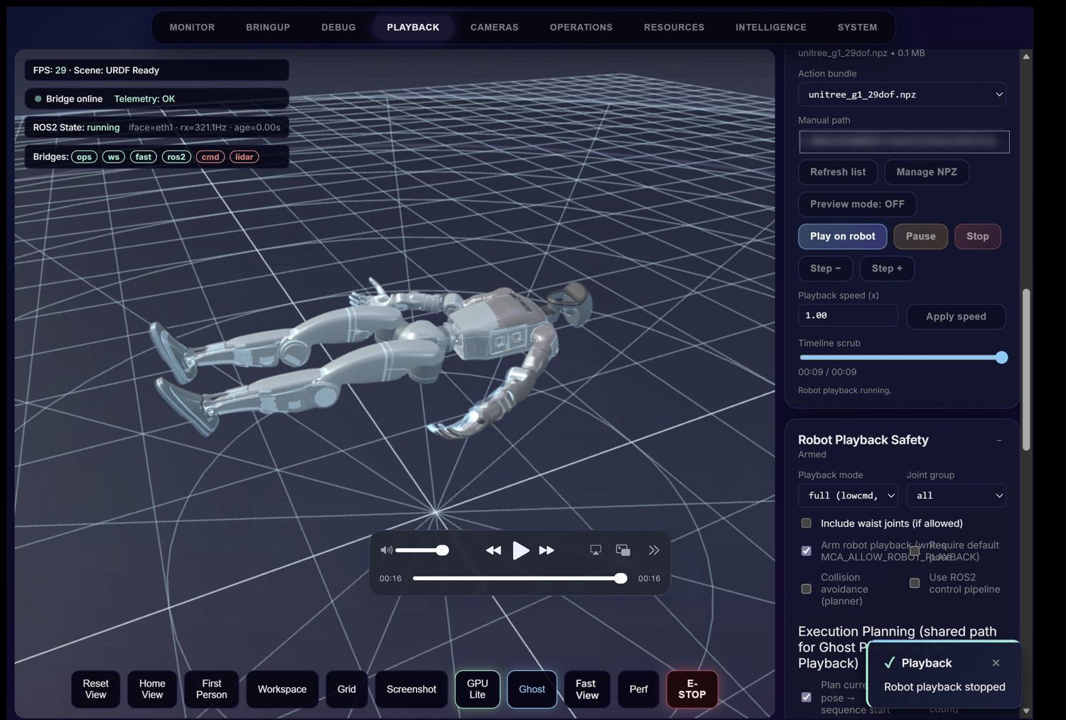 Mission Control playback view showing a ghosted humanoid trajectory preview, an action bundle selector, playback transport controls and a robot playback safety panel with arming, default-pose, collision-avoidance and control-pipeline options alongside an emergency stop.