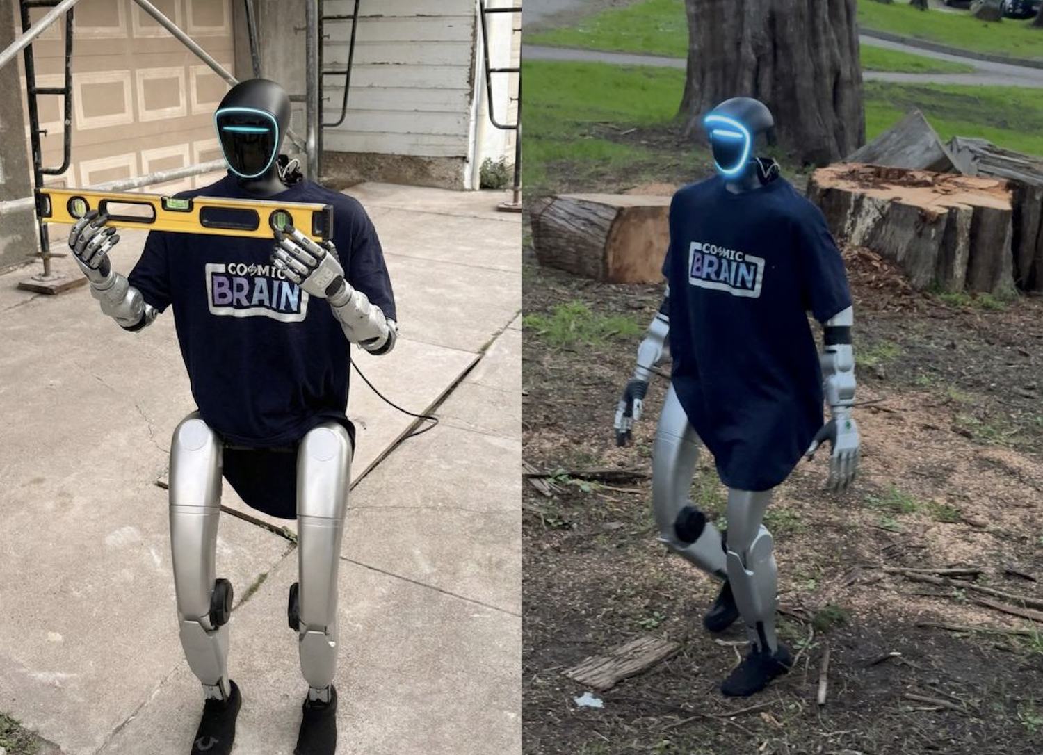 A humanoid robot in a Cosmic Brain shirt holding a spirit level outdoors, and walking across uneven ground covered in wood chips and cut logs.