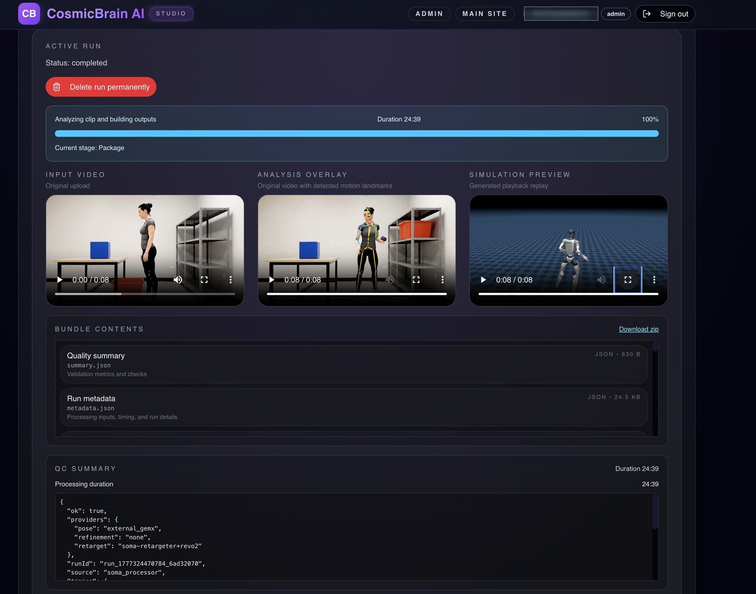 Studio run view showing a completed processing run with input video, landmark overlay and simulation preview, a bundle contents list including quality summary and run metadata, and a QC summary showing provider names and a total processing duration of twenty-four minutes and thirty-nine seconds.