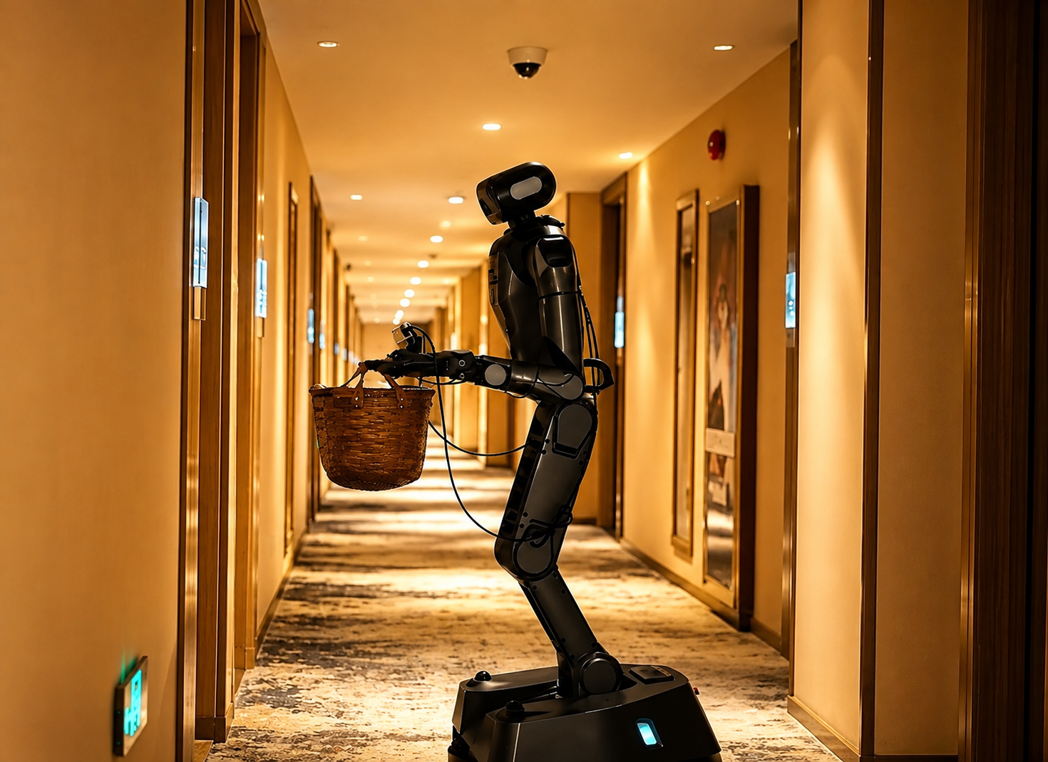 A black robot holds a woven basket in a warmly lit hallway, with its articulated supports and wheeled base visible.
